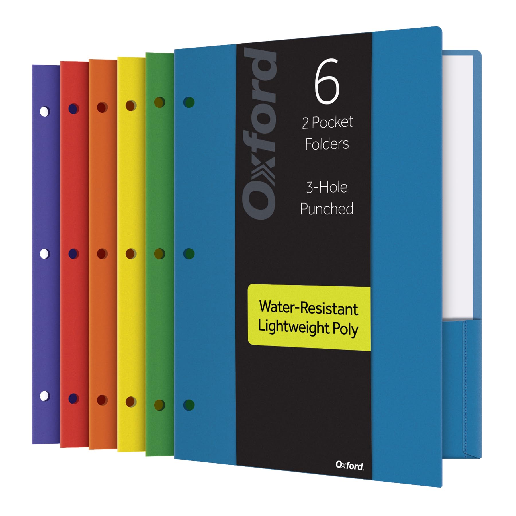 Photo 1 of Oxford 2 Pocket Folders, Plastic Portfolio, Folder for School and Office, 2-Pocket Paper Organizer, 3 Hole Punch, Letter Size, Asst. Colors (Blue, Green, Yellow, Orange, Red, Purple), 6 Pack (14187)
