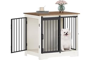 Hzuaneri 27.2" Dog Crate Furniture with Barn Door, Heavy Duty Dog Kennel Indoor with 2 Doors, Wooden Pet Cage End Table for Small Medium Dogs up to 22 lb, Anti-Chew Anti-Escape, White Brown DFC84314B