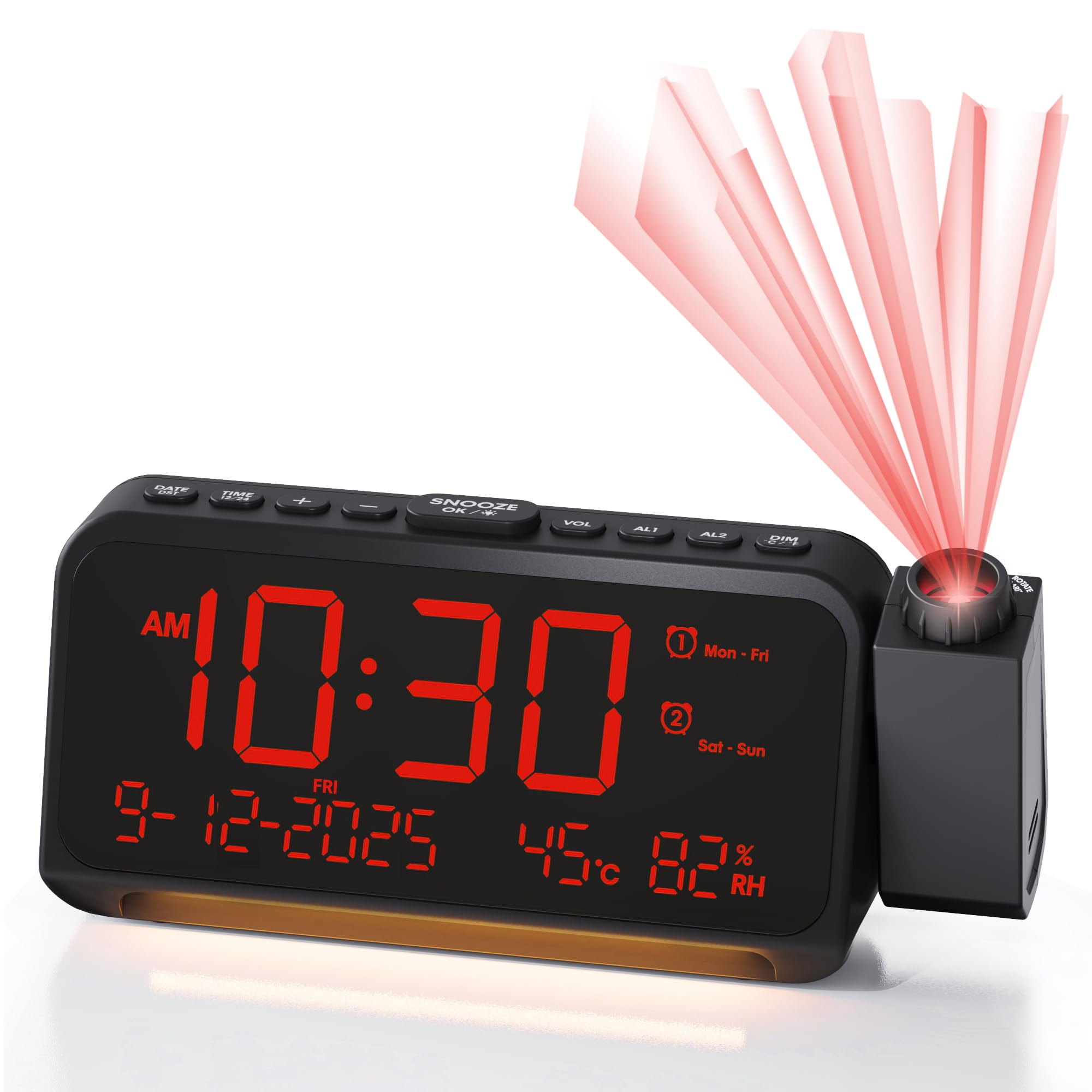 Roxicosly Alarm Clock Radio with Projector, Ceiling Projection Clock for Bedroom with USB & Type C Port, 5 Dimmer, 7 Volumes, 2 Night Light, Dual Alarm, Snooze, Temperature, Humidity, Date
