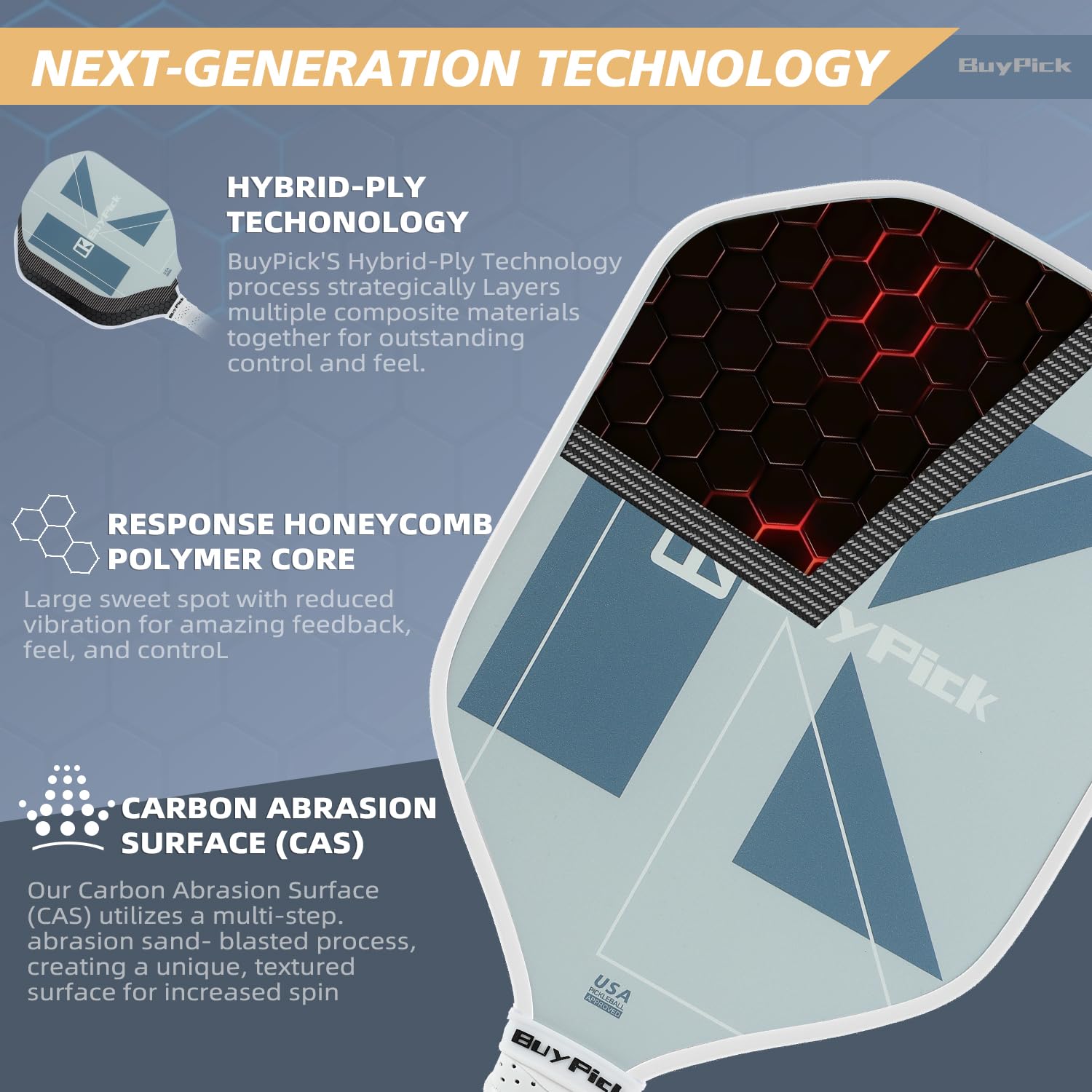Pickleball Paddle, Carbon Fiber Surface with Reinforced 16mm Polypropylene Honeycomb Core, Perforated Grip, USA Pickleball Approved,2 Pickleball Paddle with 4 PE Balls& 1 Bag