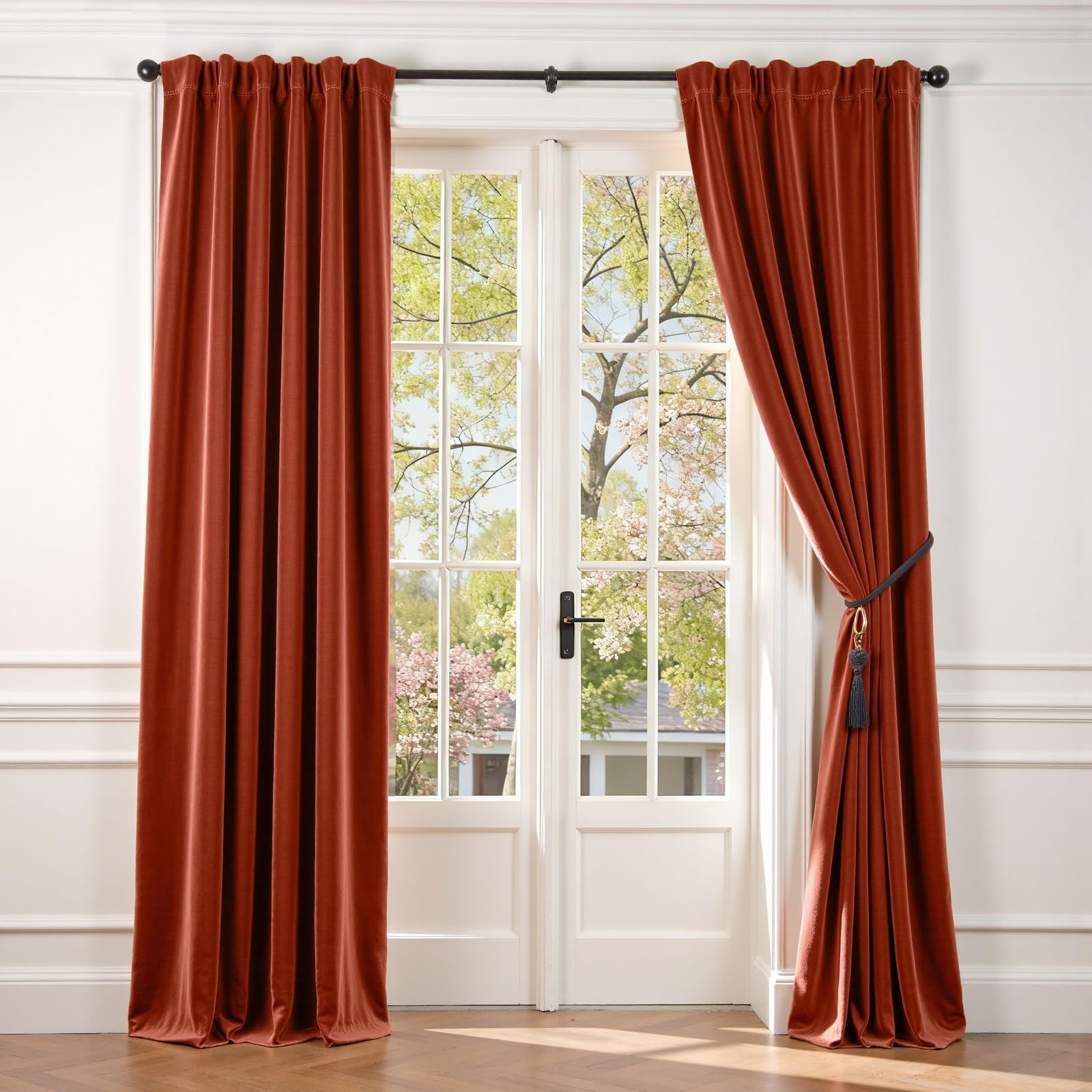 Lazzzy Velvet Blackout Curtains Thermal Insulated Room Window Drapes Super Soft Luxury Curtains for Living Room Bedroom Rod Pocket 2 Panels, Rust Red, 52" W x 90" L Image