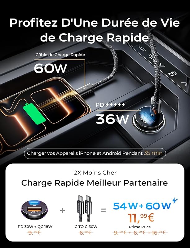 Chargeur Voiture USB C 54W+60W C-C Câble,Chargeur Allume Cigare USB C