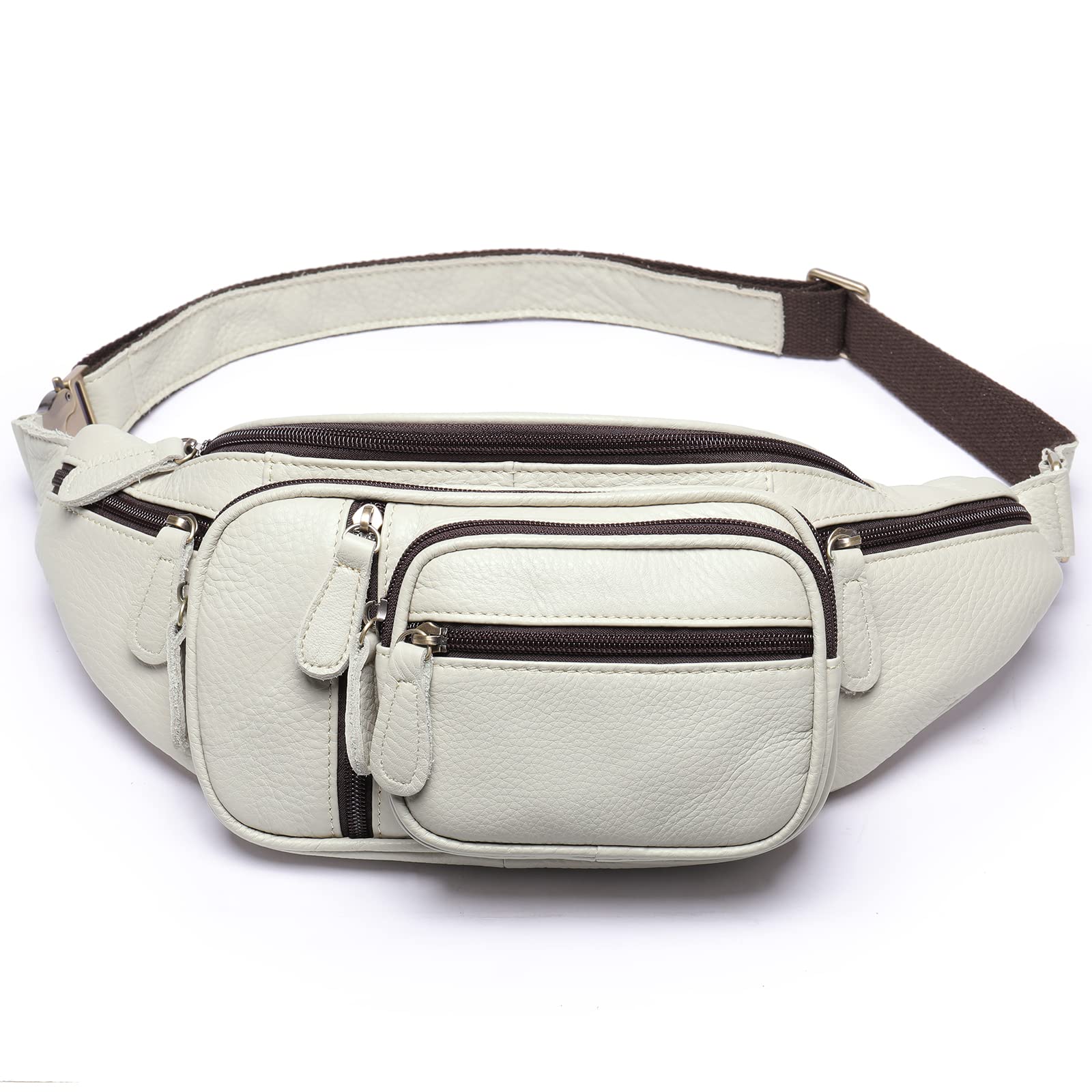 Photo 1 of Genuine Leather Fanny Pack large capacity Crossbody Waist Bag with Zipper phone Pockets white