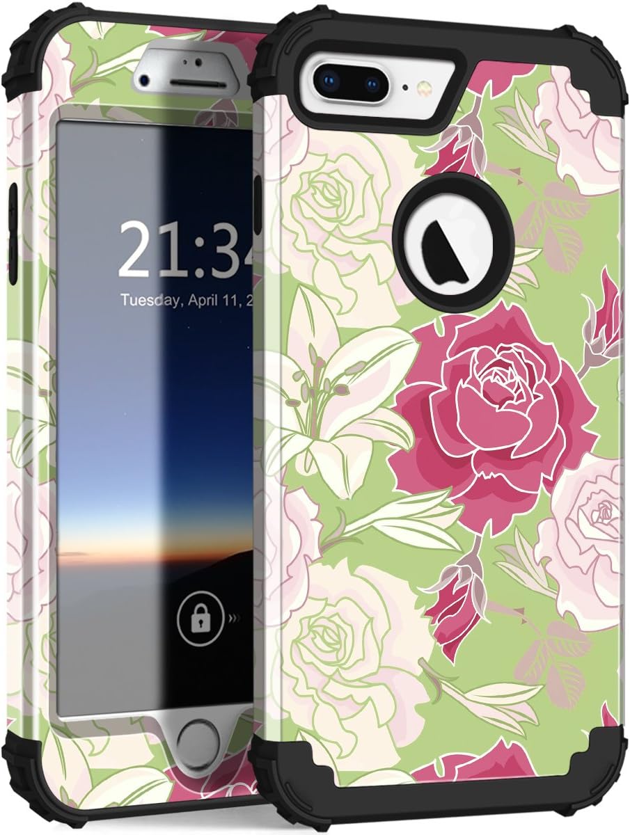 ZHK iPhone 7 Plus Case, iPhone 8 Plus Case Flower 3 Layer Heavy Duty Shockproof Cute Girls Woman Anti-Scratch Protective Case Cover for iPhone 7 8 Plus 5.5 inch - Simple Flower Black Frame