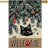 LHSION Welcome Christmas House Flag 28 x 40 Inch Black Cat Decorative Double Sided Burlap Small Flag Holiday Banners for Winter Xmas Farm House Yard Decoration