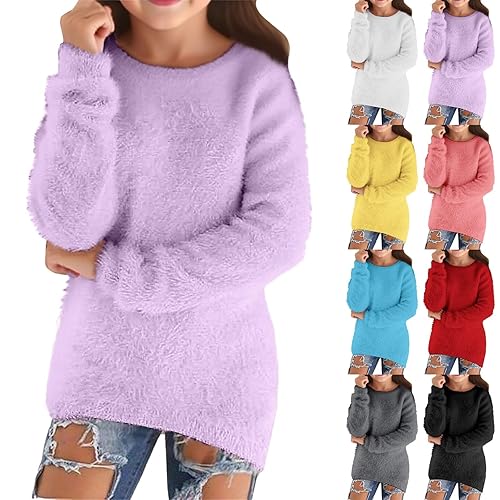 Teen Girls Fleece Sweatshirt Oversized Soft Fluffy Pullover Tops Long Sleeve Round Neck Plain Jumpers Trendy Fashion Warm Sweater Kids Autumn Winter Clothes (Purple, 7-8 Years)