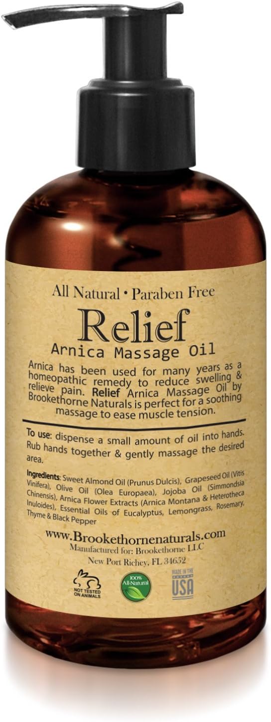 Relief Arnica Massage Oil – Great for Sports & Athletic Therapeutic Massage – All Natural - Arnica Montana for Sore Muscle Relief. Contains Sweet Almond, Jojoba, Grapeseed & Essential Oils 8.5oz: Health & Personal Care