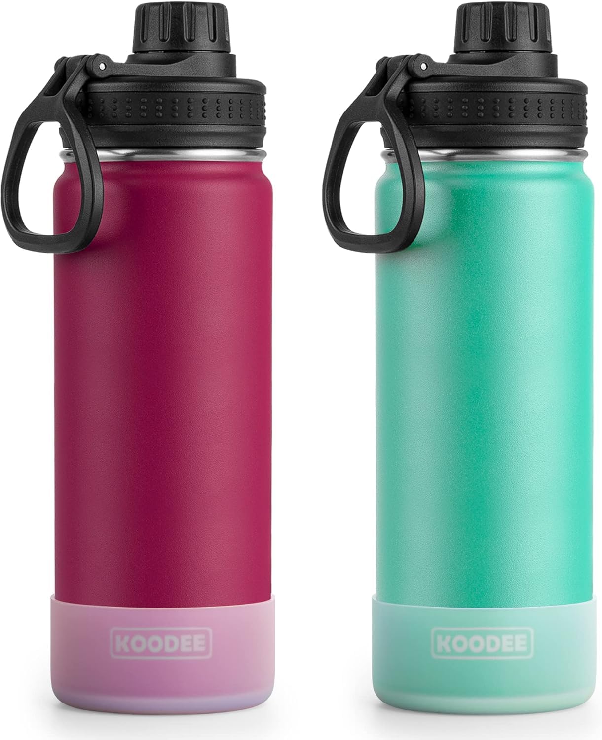 koodee Water Bottle 2 Pack 26 oz Stainless Steel Double Wall Vacuum Insulated Metal Sports Water Bottle with Leakproof Spout Lid (Fuchsia Red-Teal) Image