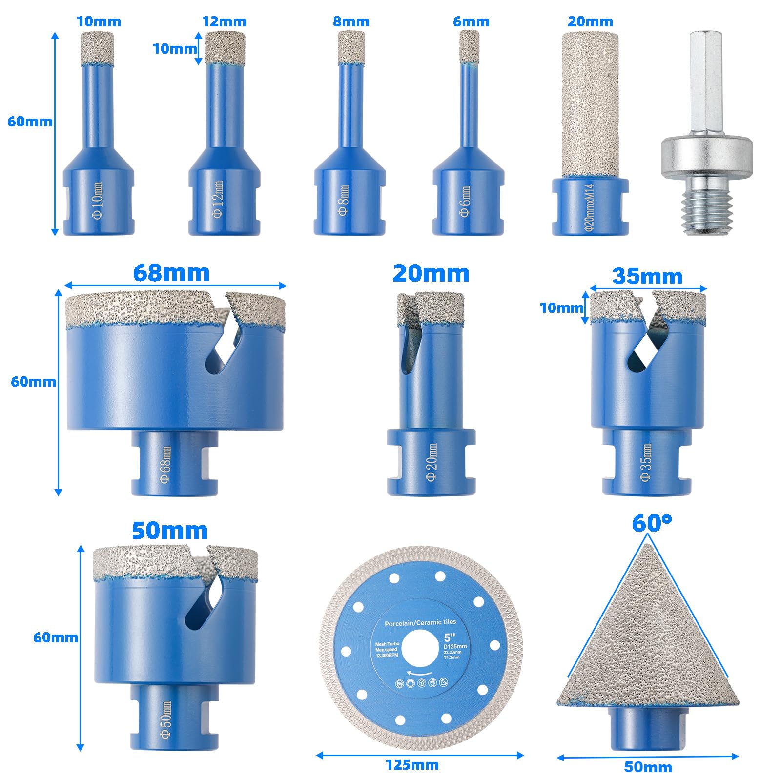 DWIKE 12tlg Diamant Fliesenbohrer Set 6/8/10/12/20/35/50/68mm M14 Diamant Bohrkrone Lochsäge mit 125mm Trennscheibe mit 50mm Fasenbohrer ein Adapter Für Winkelschleifer Lochsäge Set Granit Fliesen 2