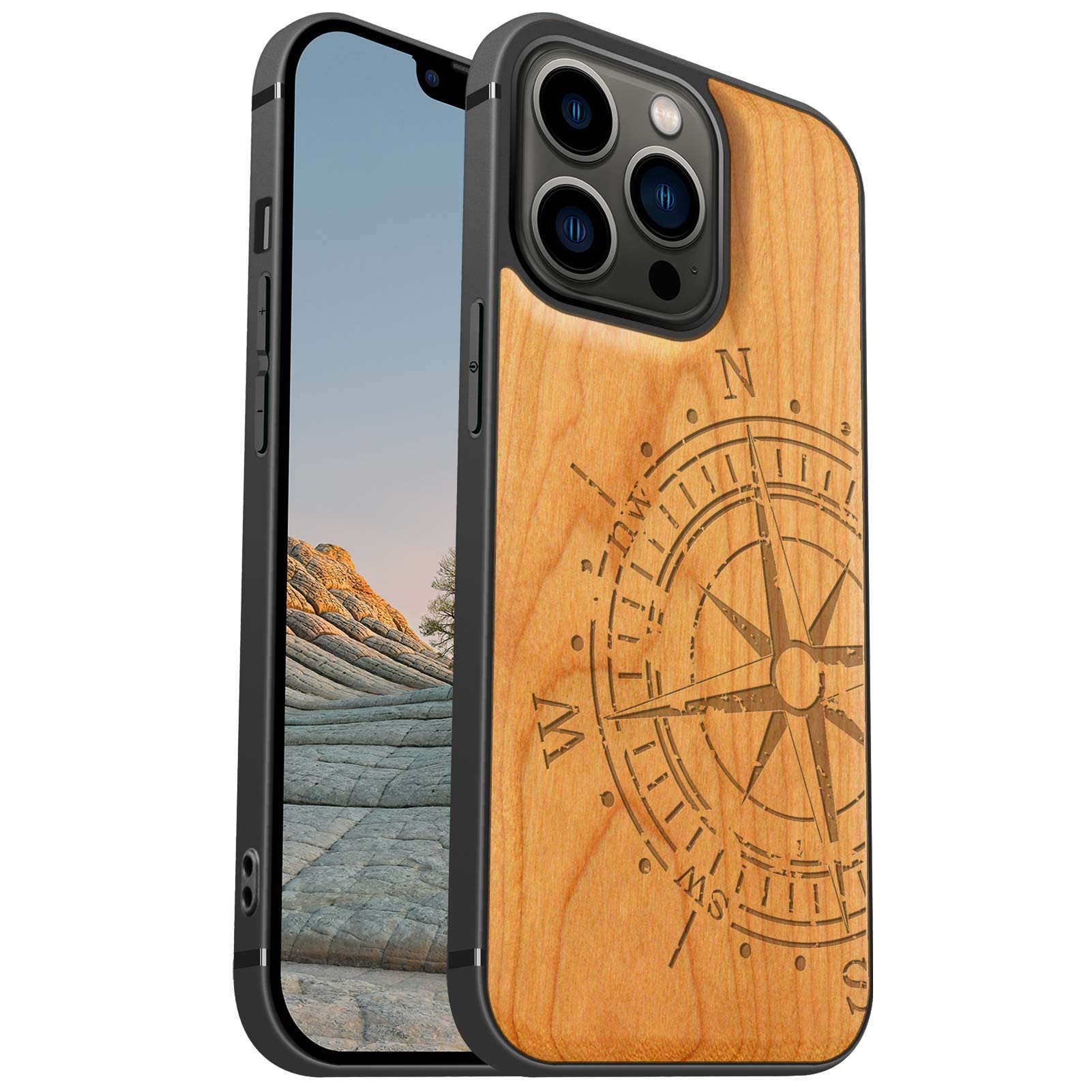 Carveit Magnetic Wood Case for iPhone 13 Pro Case [Hard Real Wood & Soft TPU] Shockproof Hybrid Protective Cover Unique & Classy Wooden Case Compatible with MagSafe (Vintage Compass-Cherry)