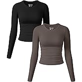 OQQ Womens 2 Piece Shirts Long Sleeve Crew Neck Ruched Stretch Basic Fitted Tee Shirts Tops