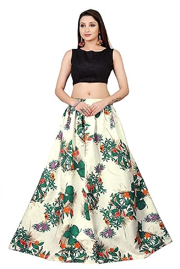 Titos Factory Womens Comfortable Navaratri Special Semi-Stitched Taffeta Satin Lehenga/Chaniya Choli (White, Free Size)