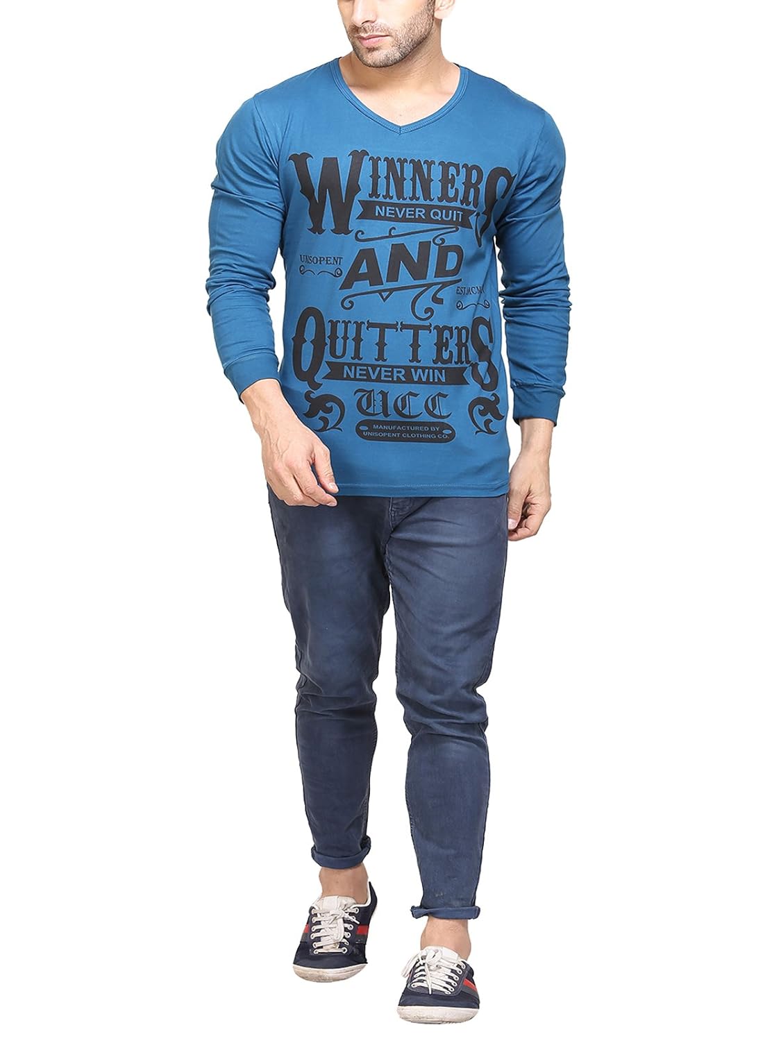 unisopent mens vneck full sleeves printed t-shirt(peacockblue)
