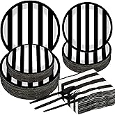 150pcs Striped Party Supplies - Black & White Tableware Set with 9" & 7" Paper Plates, Napkins, Knives, Forks, Spoons for Baby Shower & Birthday Decoration - Serves 25