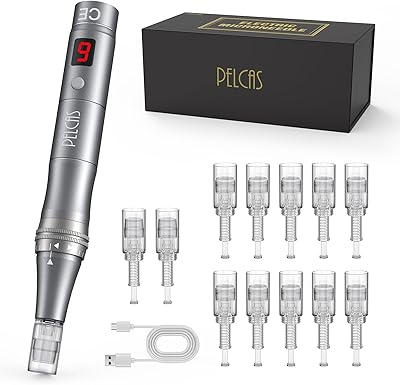 PELCAS Dermapen mit 9 Geschwindigkeitsstufen Mikronadelgerät einstellbare Länge Elektrisch Microneedling Pen Schönheit Pen mit 12 Patronen Wiederaufladbar Kabellos Mikronadel Stift