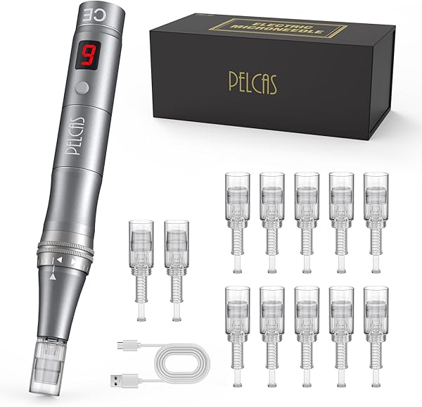 PELCAS Dermapen mit 9 Geschwindigkeitsstufen Mikronadelgerät einstellbare Länge Elektrisch Microneedling Pen Schönheit Pen mit 12 Patronen Wiederaufladbar Kabellos Mikronadel Stift
