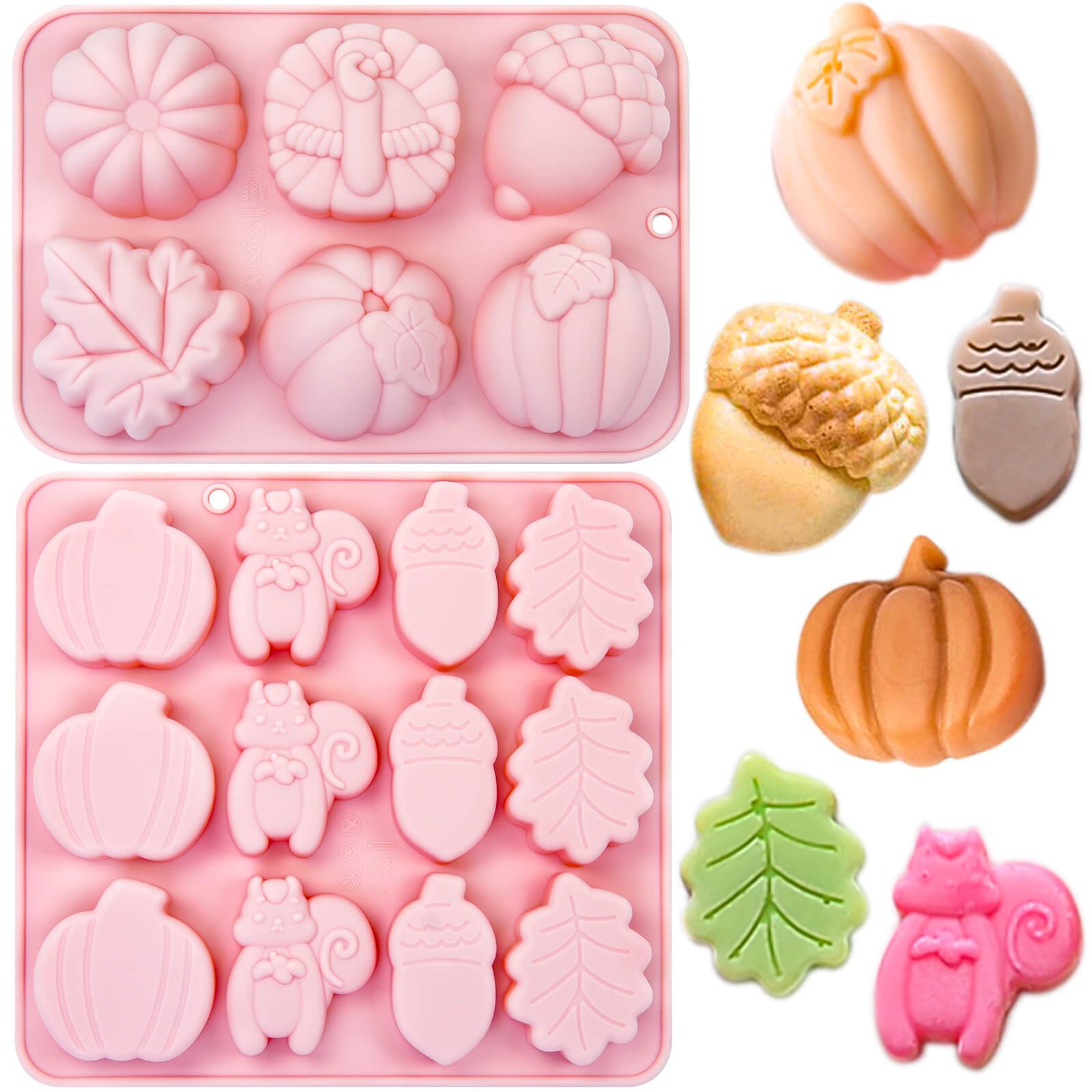 Photo 1 of 2 Pack Turkey Pumpkin Cake Molds Halloween Thanksgiving Fall Silicone Molds Maple Leaf Acorn Squirrel Chocolate Cake Pan Harvest Theme Candy Mold for Cupcake Toppers Pudding Jelly Soap Ice Cube Tray