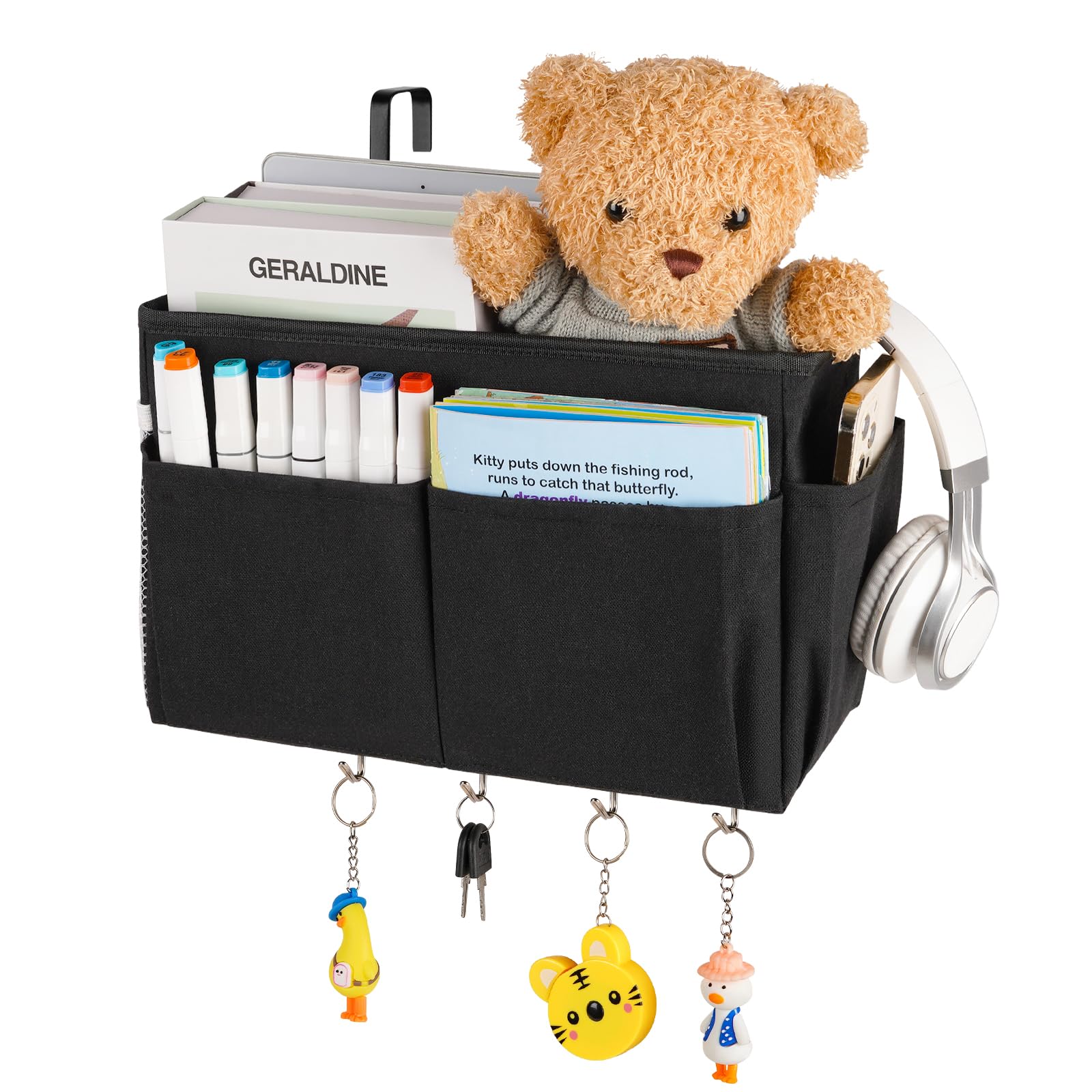Photo 1 of Frjjthchy Bedside Storage Organizer 5 Pockets with 4 Hooks Hanging Storage Bag for Headboards/Bunk Bed (Black)