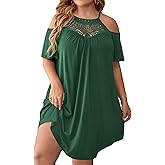 Verdusa Women's Plus Size Dresses Summer Contrast Lace Cold Shoulder Short Sleeve Loose Casual T Shirt Dress