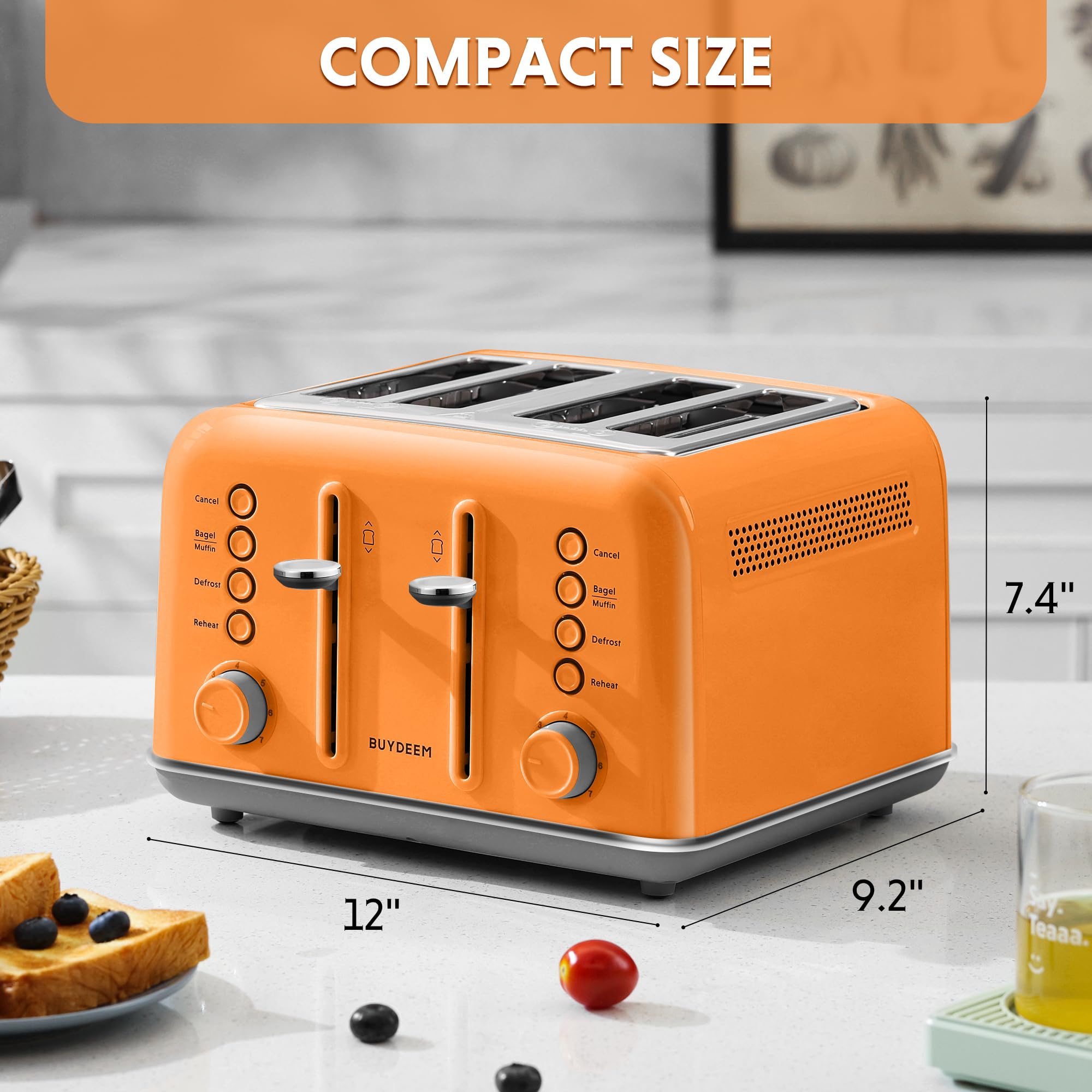 BUYDEEM DT640 Tostadora de 4 rebanadas, ranuras extra anchas, acero inoxidable retro con palanca de elevación alta, función de bagel y muffin, bandeja para migas extraíble, 7 ajustes de sombra, naranja