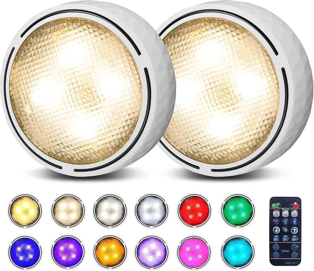 Onumii Under Cabinet LED Lights Battery Powered Remote RGB Puck Lights 2 Pack