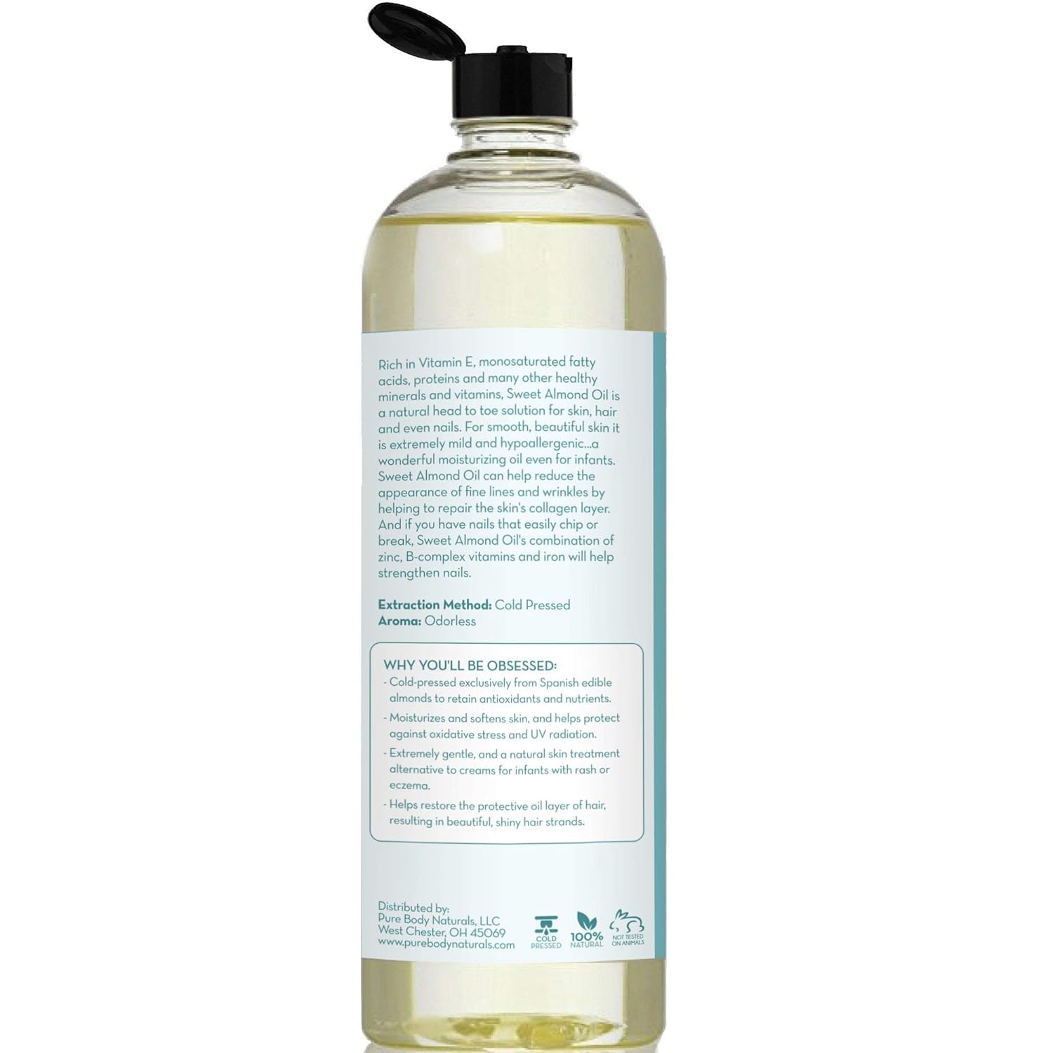 Sweet Almond Oil for Hair and Skin, 100% Pure and Cold Pressed, Hexane Free, Skin Moisturizer, Nails, Therapeutic Massage, Carrier Oil - by Pure Body Naturals 16 Fl. Ounce (Label Varies) : Beauty