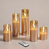 Girimax Gold Glass Flameless Candles with Remote Batteries, Flickering Slim LED Pillar Candles Christmas Holiday Decor Set of 5