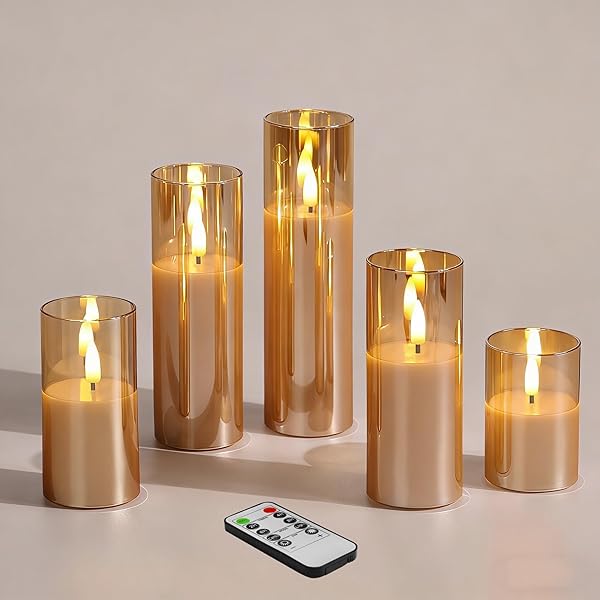 GIRIMAX GOLD GLASS FLAMELESS CANDLES WITH REMOTE BATTERIES, FLICKERING SLIM LED PILLAR CANDLES HOME TABLE DECOR SET OF 5