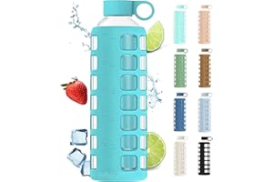 purifyou Premium 40/32 / 22/12 oz Reusable Glass Water Bottles with Time and Volume Markings, Non-Slip Silicone Sleeve & Stainless Steel Lid Insert, for Water, Milk, Fruit Juice (32oz Aqua Blue)