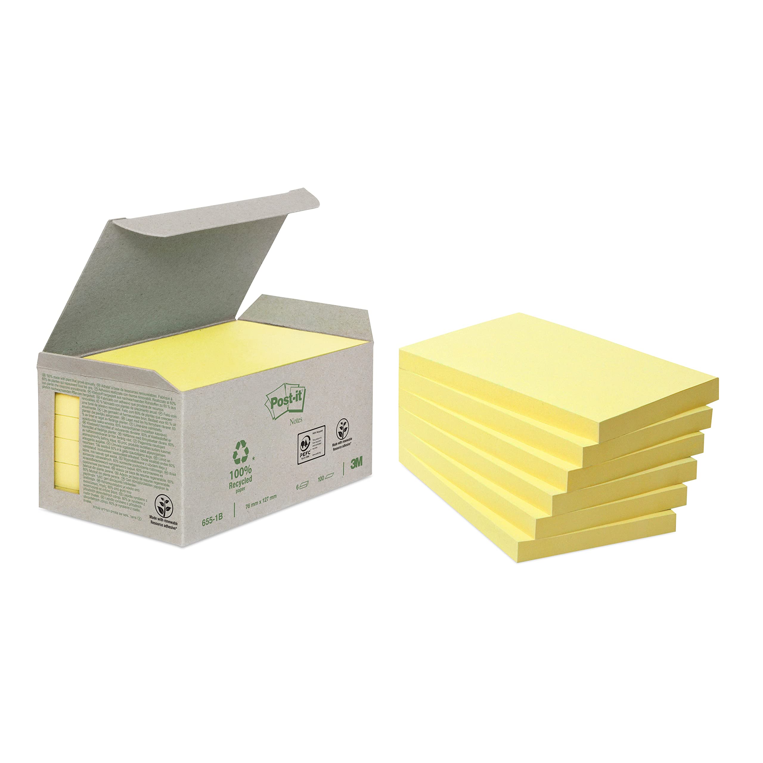 Post-it Recycled Notes, Canary Yellow, 76 mm x 127 mm, 6 Pads (Box of 6, 100 Sheets Per Pad)