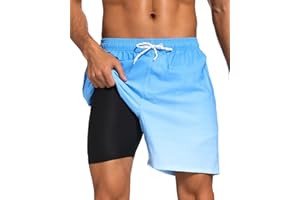 SILKWORLD Mens Swim Trunks with Compression Liner 2 in 1 Quick Dry Bathing Suit Beach Shorts with Zipper Pockets