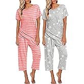 Ekouaer 2 Pack Womens Pajamas Sets Short Sleeve Tops and Capri Pants Pjs Colorful Printed Sleepwear Sets