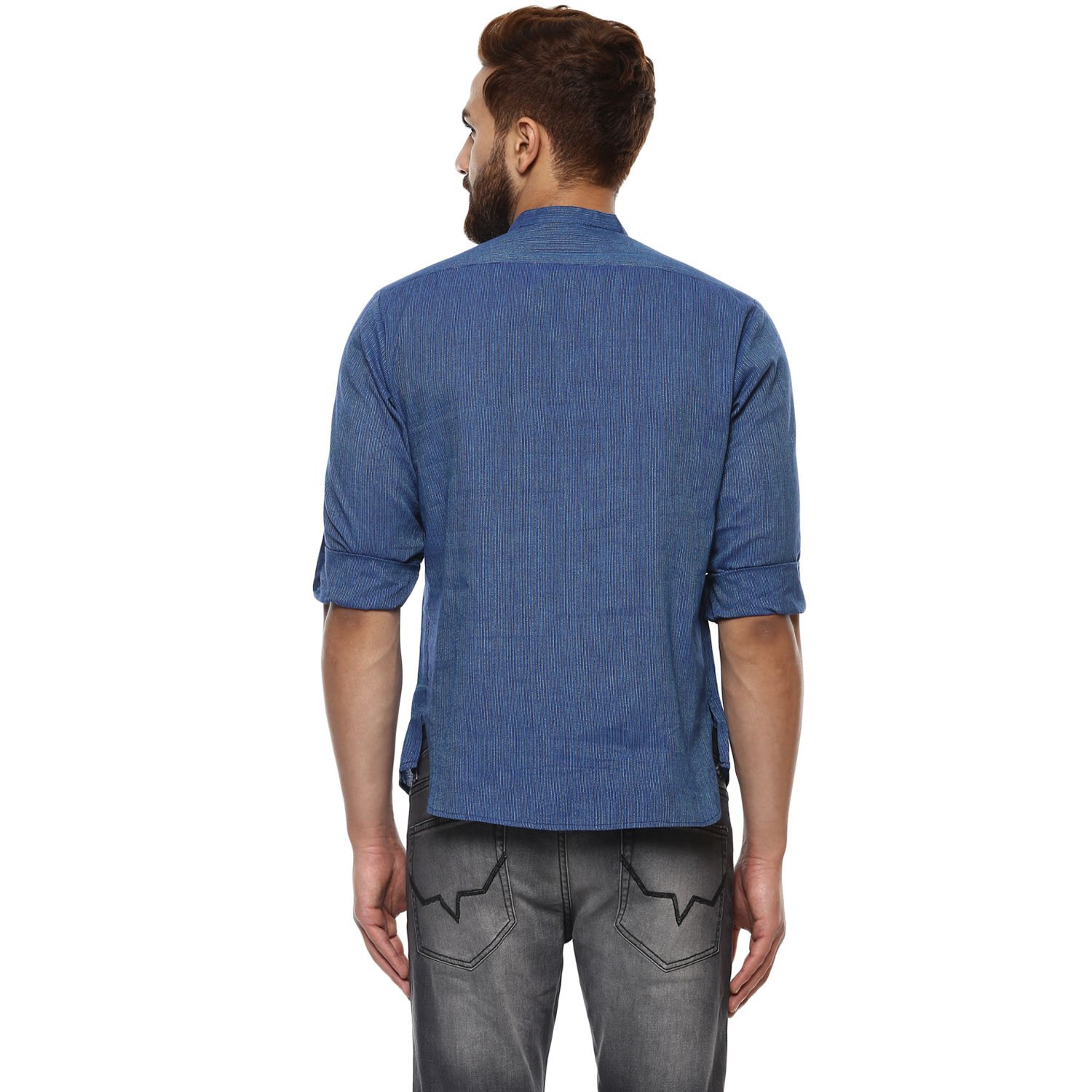 baali men's cotton stripes printed dark blue colour roll-up short kurta