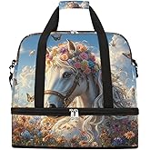 Foldable Travel Duffel Bag for Women - Carry on Personal Item Bag with Shoes Compartment, Weekender Overnight Duffle Bags Sport Tote Gym Luggage for Airplanes Traveling(Flower Horse)