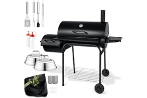 Leonyo Charcoal Grill with Smoker, BBQ Charcoal Grill and Offset Smoker, Large Barrel Grill with Grill Cover, 811 Square Inches, Griddle Accessories kit of 21, Outdoor Camping, Backyard, Patio Parties