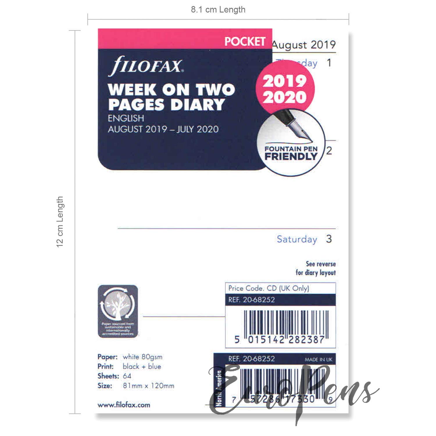 Filofax Pocket Week on Two Pages English mid Year Diary August 19 - July 20 20-68252