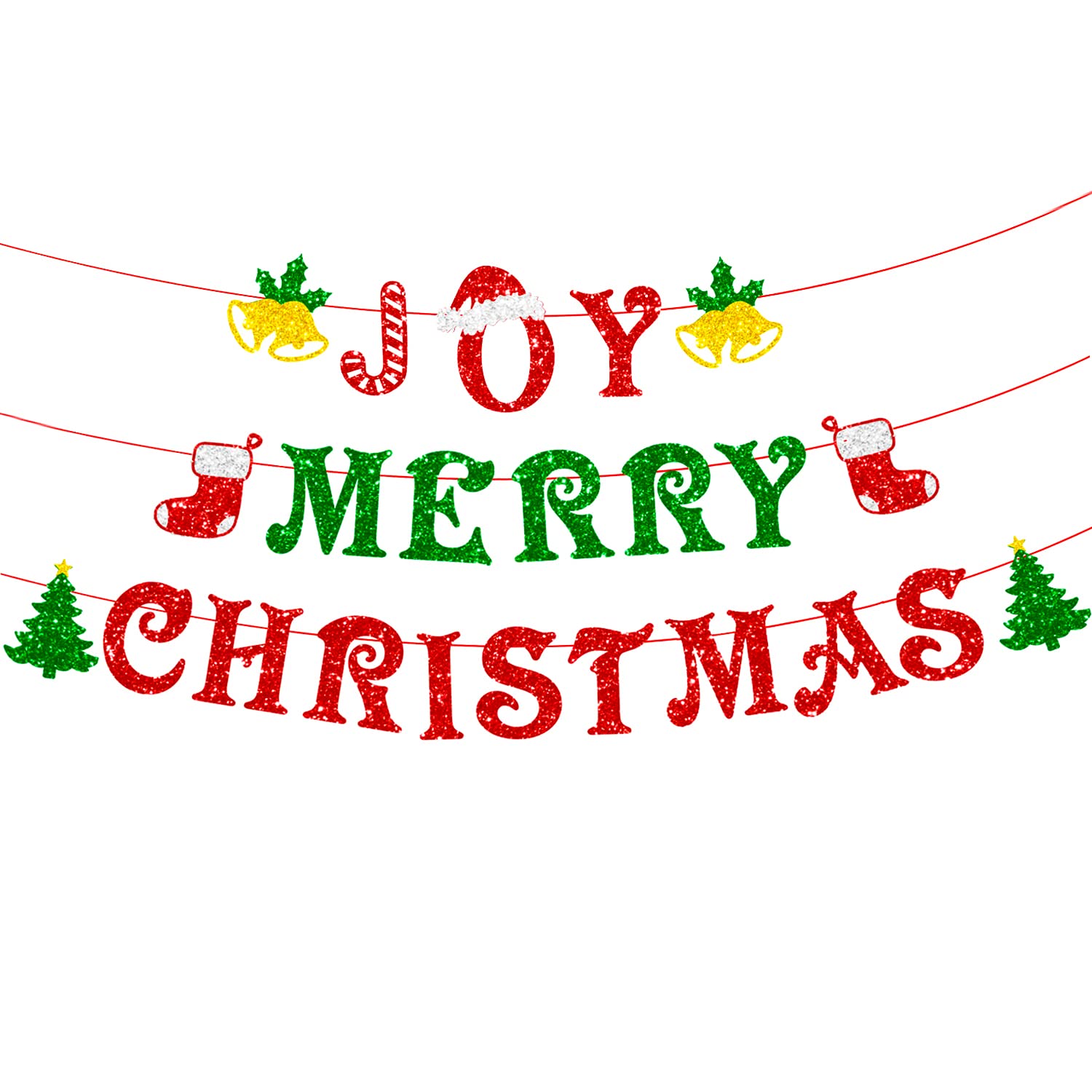 Elicola Merry Christmas Banner with JOY Sign Bunting Xmas Ornament Backdrop for Wall Office Fireplace Tree Party Decorations, No Assembly Required