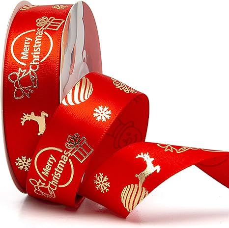 Amazon Co Jp ギフトラッピング用のクリスマスリボン 幅25mm 23メートル 赤 緑 金グログランリボン Diyギフトクラフトアクセサリー用の黄金のクリスマステーマパターン G ホーム キッチン
