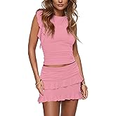 HESUUIO Women's Two Piece Skirt Set Summer High Waist Ruffle Y2K Mini Skirts Sleeveless Crop Tops Going Out Outfits