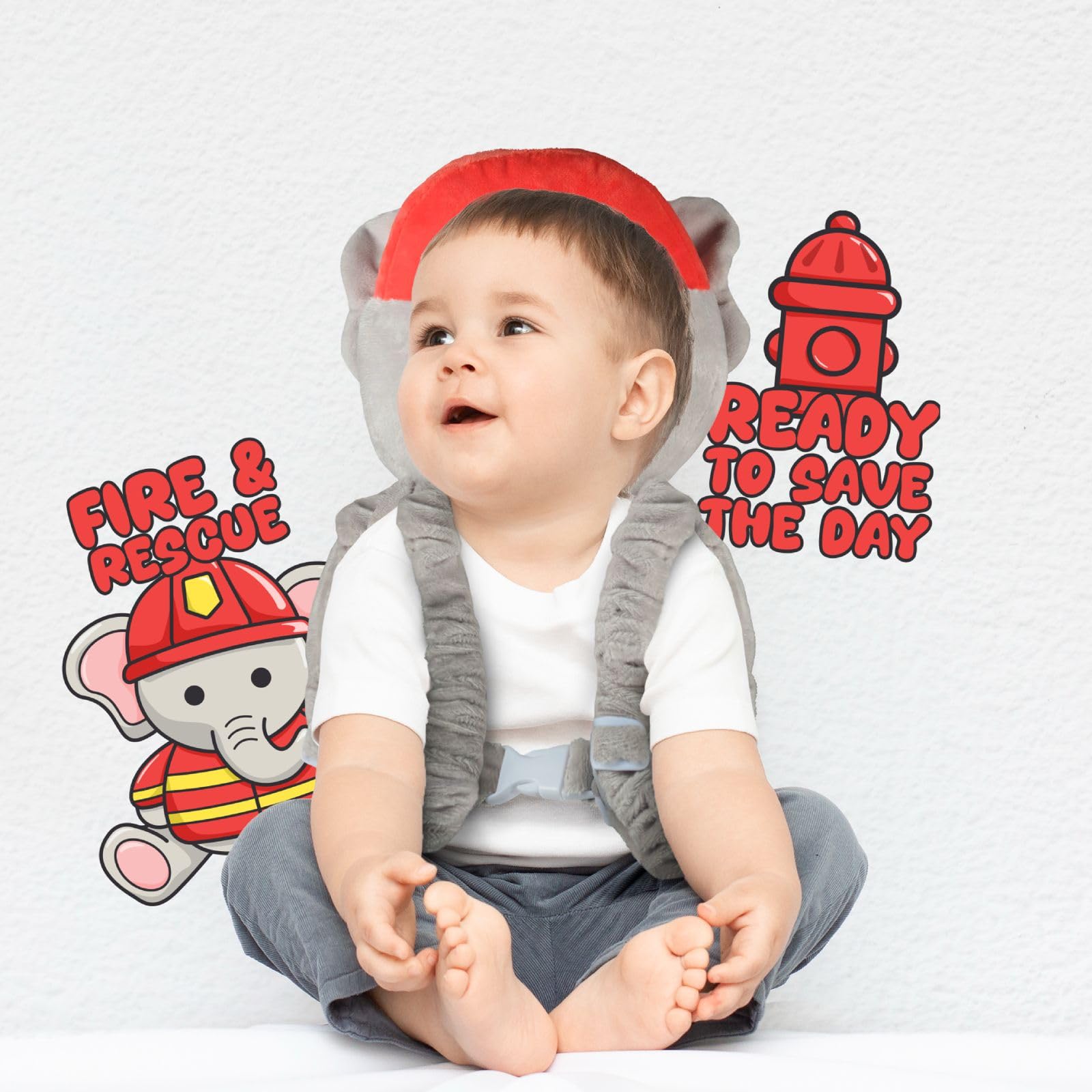 Head Backpack, Elephant Firefighter Design, Baby Head Protector Backpack Padded, with 4 Pieces of Outlet Covers, Babies who are Beginning to Take Their First Steps, Protection Backpack for Baby