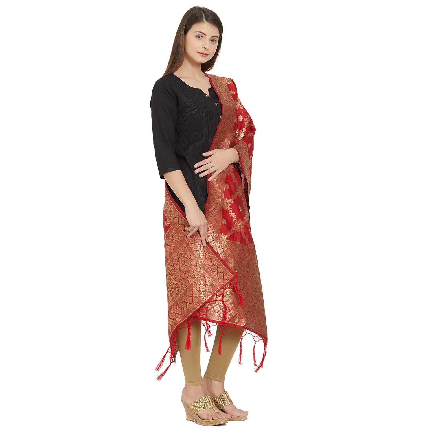 faserz women red woven design banarasi silk dupatta (fz-rr-04_red)