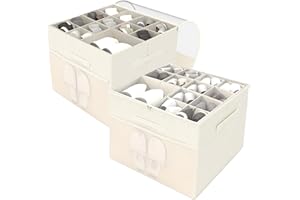ZLLZUU Shoe Organizer for Closet,2Pack Fabric Shoe Storage Box with Clear Lid and Mesh Pockets, Shoe Storage Bins with Adjustable Dividers Space Saving Design Fits 16-32 Pairs,Beige