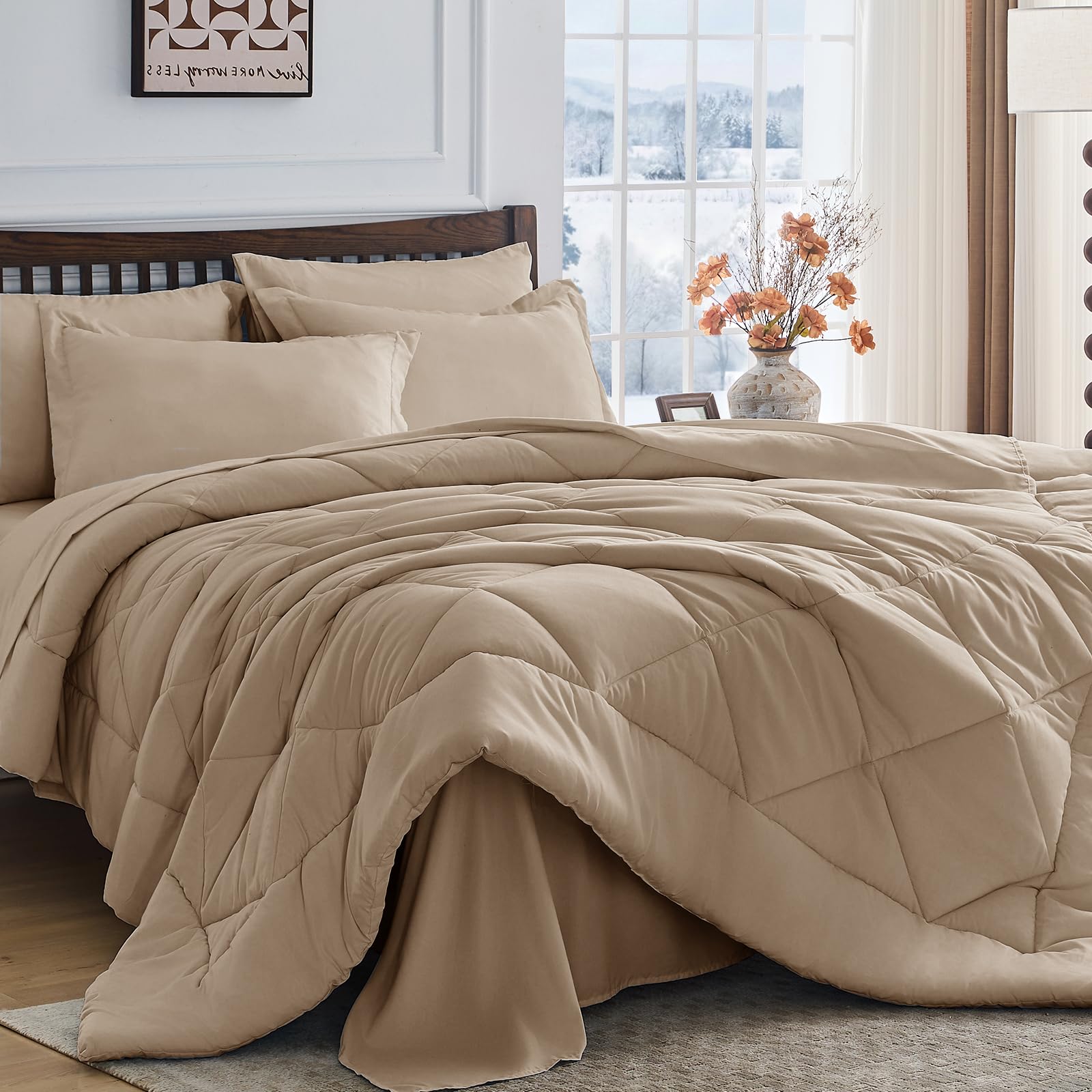 HEVUMYI Khaki Cali-King Comforter Set - 7-Piece All Season Bed in a Bag Cali-King, Ultra Soft Bedding Set with Comforter, Flat Sheet, Fitted Sheet, Pillowcases, Pillow Shams Image