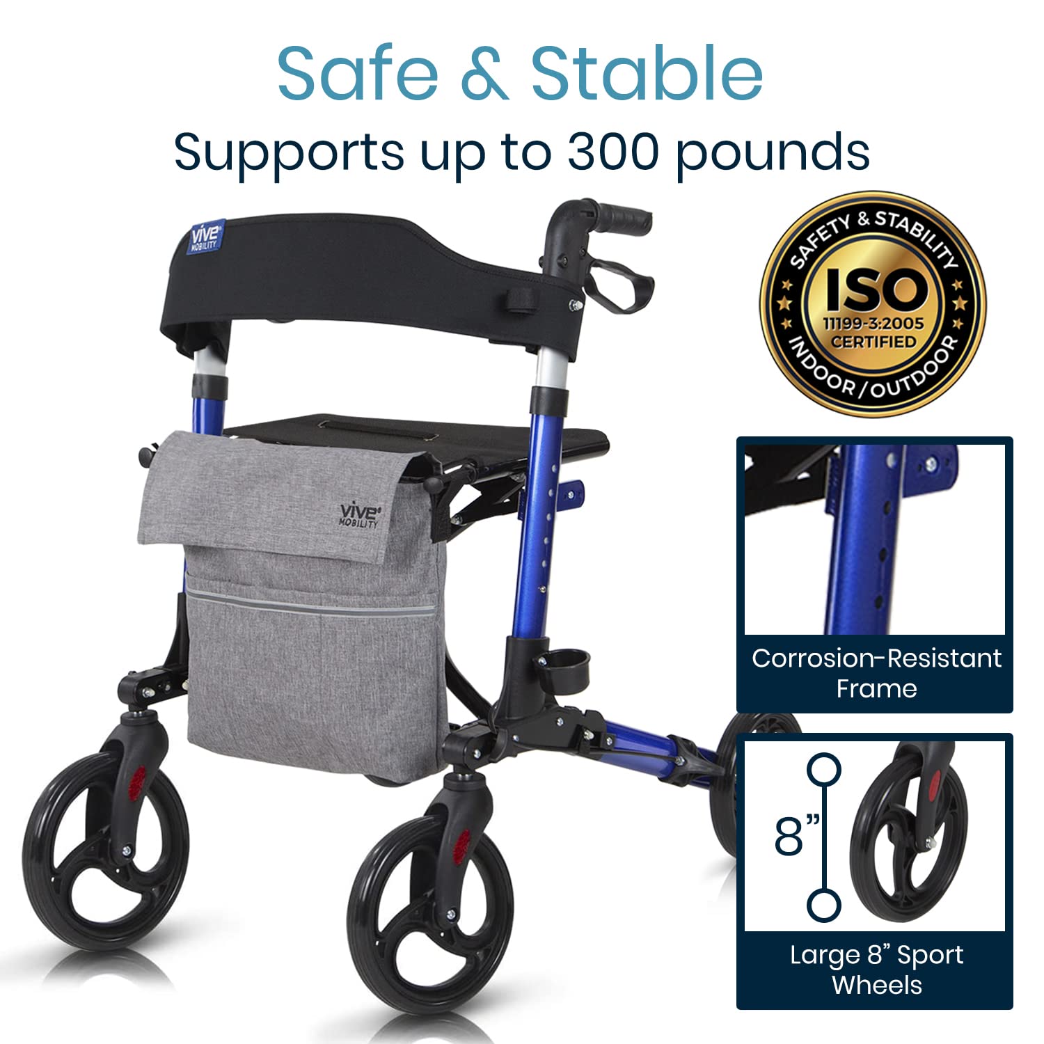 Vive Mobility Rollator Walker - Folding 4 Wheel Medical Rolling Walker with Seat & Bag - Mobility Aid for Adult, Senior, Elderly & Handicap - Aluminum Transport Chair (Blue)