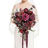 Ling's moment Red Bridal Bouquet Cascading, Burgundy Wedding Bouquets for Bride, 13 Inch Bride Bouquets for Wedding Artificial Flowers Bouquets