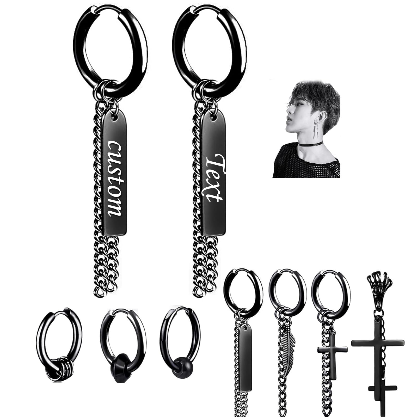 Customize Hoop Earrings with Text Engraved with Feather Chain Pendant Cross Dangle Piercing Earrings for Men Women Kpop Earrings Huggie Hoops