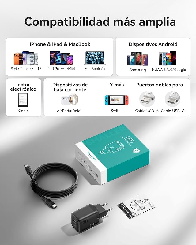 Cargador USB C, 30W 1-Paquete PD GAN Cargador Carga Rapida y Cable 60W
