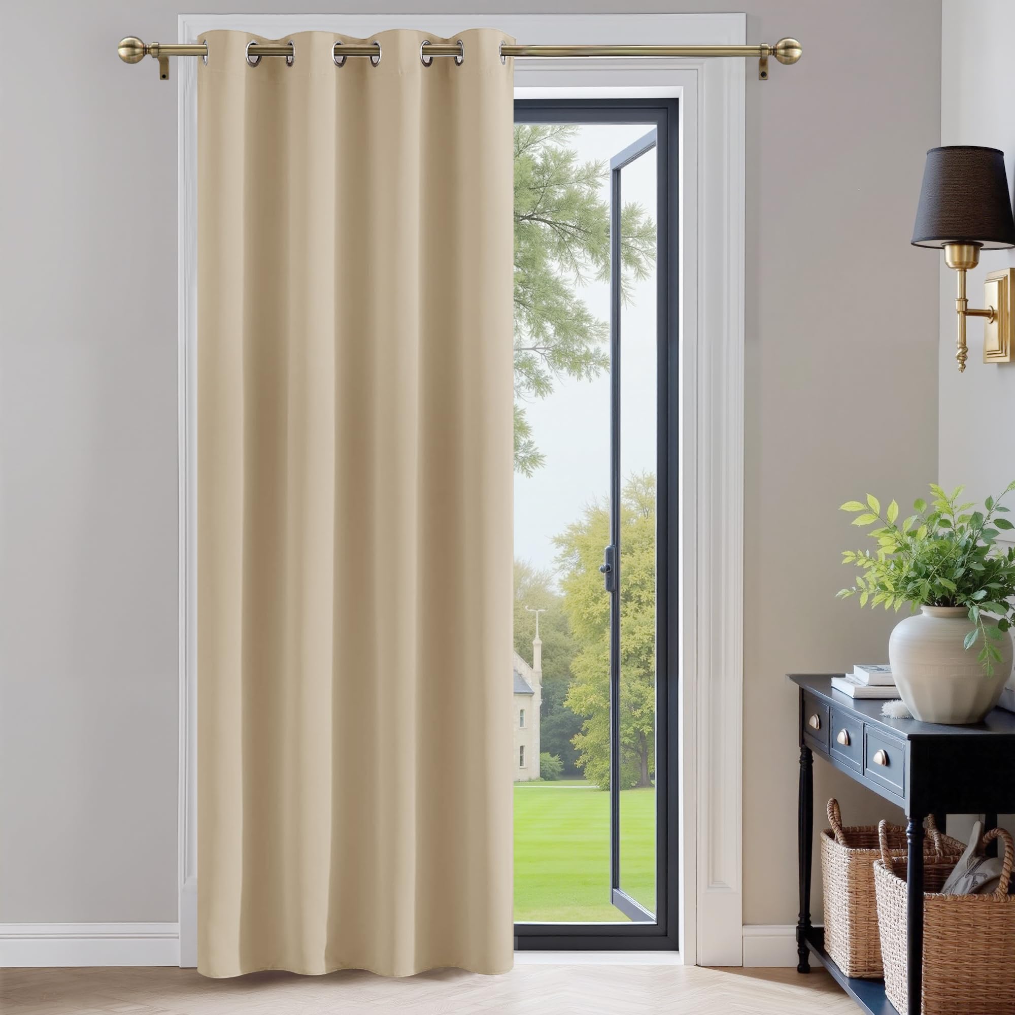 PONY DANCE Beige Thermal Door Curtain - 1 Panel Energy Saving Light Filtering Long Curtain & Drape for Living Room Bedroom Kitchen Privacy Drape, 52 Inch Width x 90 Inch Drop, Biscotti Beige