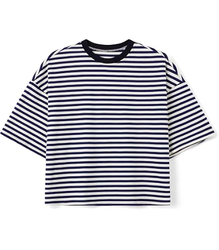 CIDER Women Stripe Crop Boxy Top Oversized Summer Crew Neck T