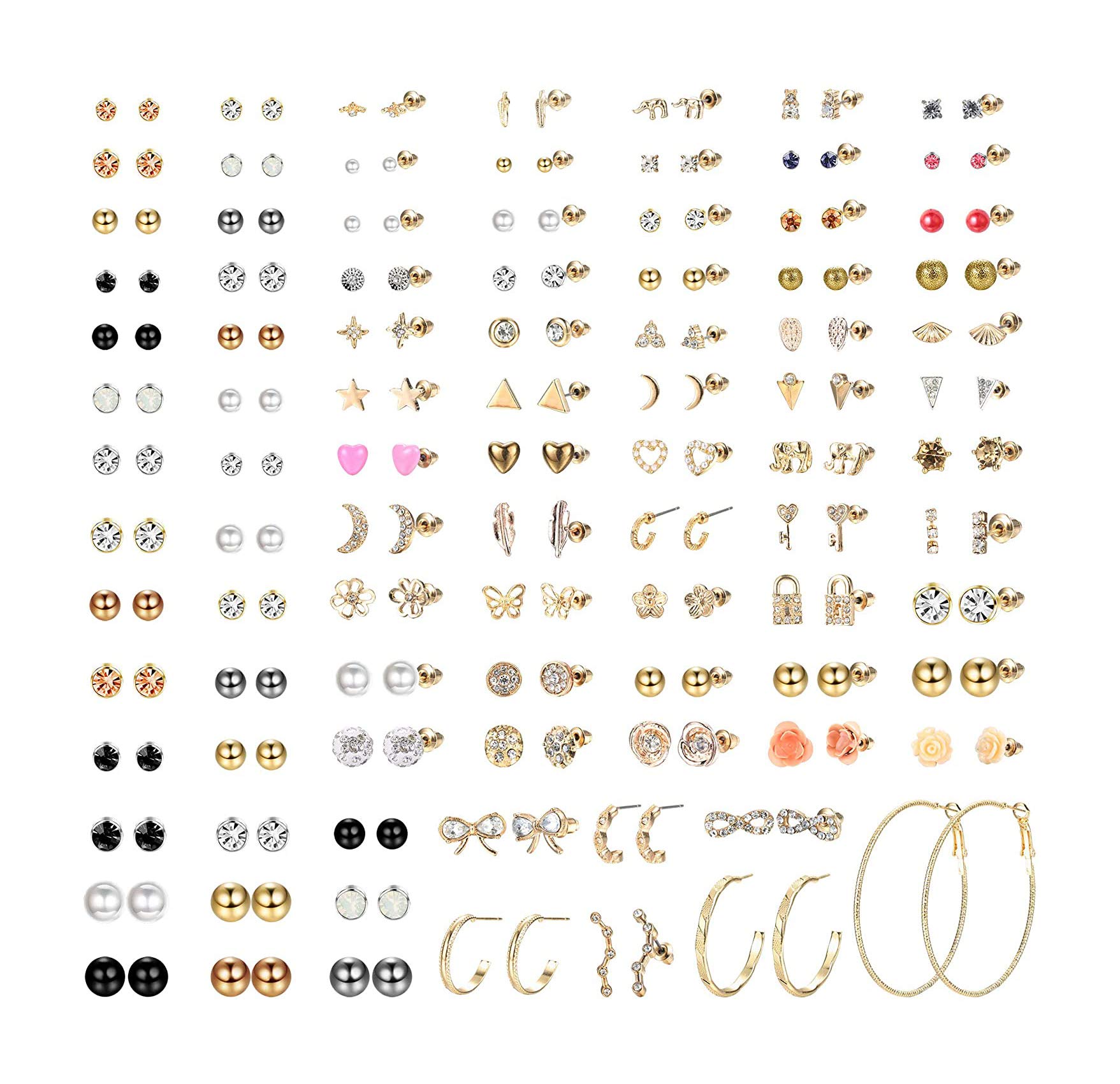 Milacolato 93 Pairs Multiple Stud Earrings Set for Women Stainless Steel Small Hoop Faux Pearl Earrings Star Heart Moon Assorted CZ Stud Earring Jewellery